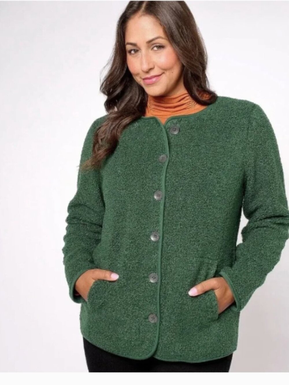 Susan Graver Weekend Green Sherpa Teddy Fleece Button Front Cardigan Jacket Lg